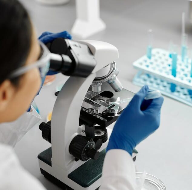 Scientist conducting research in a lab using a microscope and dropper.